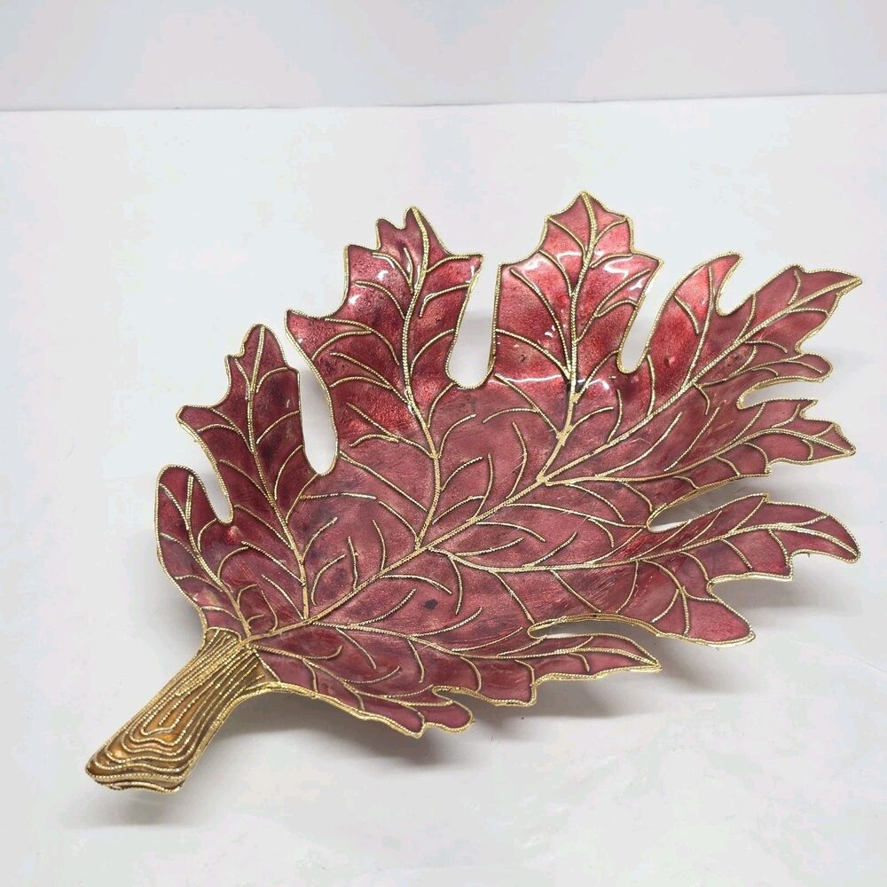 Vintage Cloisonne Enamel Fall Leaf Trinket Dish Burgundy Gold